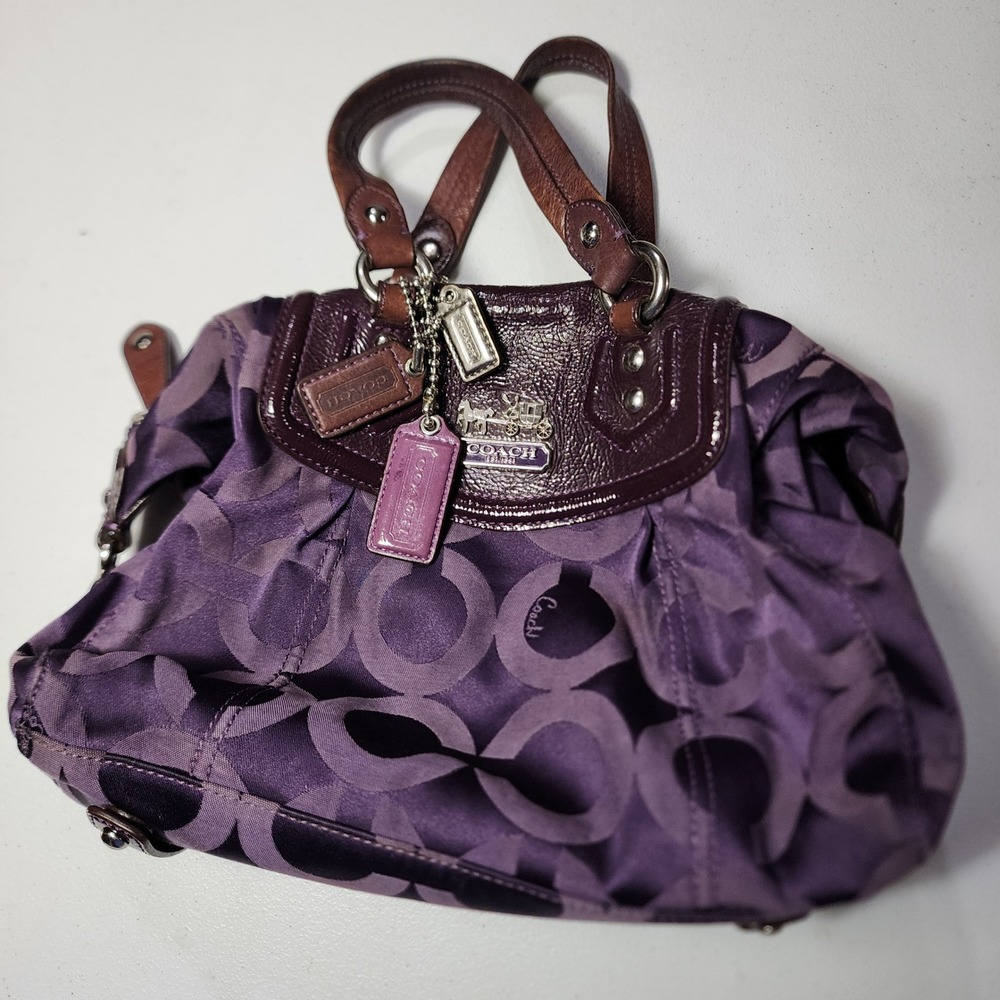 Coach Madison Op Art Audrey Satchel Purple Jacquard Patent Leather 14294 Read